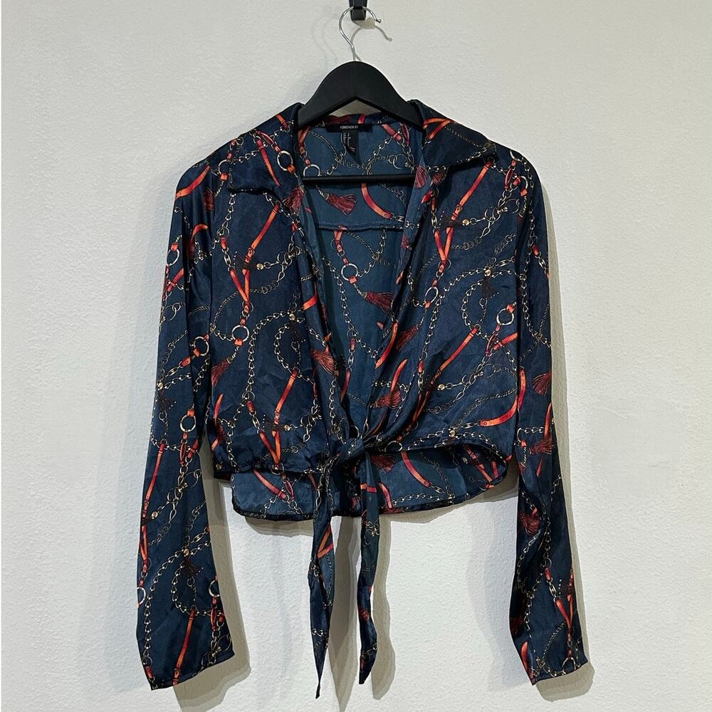 Forever 21 Satin Chain Long Sleeve Front Tie Crop Top